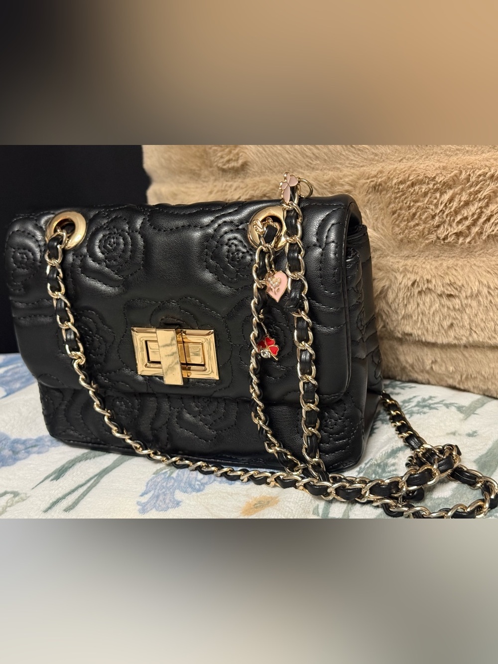 ALDO Black Quilted Floral Crossbody Bag With Charms 🌺🩷🦋